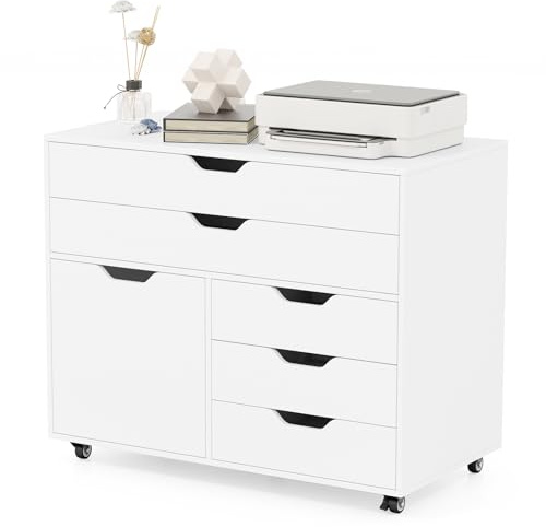 SFAREST Mobile File Cabinet with Drawers, Multifunctional Wooden Printer Stand with Door & Wheels, Stationery Rolling Filing Cabinet and Home Office Drawer Chest(White,5 Drawers+1 Door)