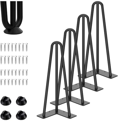 Lot de 4 pieds de table en épingle à cheveux Hairpin Legs, 3 tiges pieds épingle à cheveux, pieds de meubles en métal avec protection de sol, 35cm/14'' de hauteur pour tables basses, DIY Black Hairpin