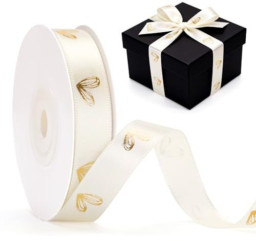 G2PLUS Nastro in Raso Avorio con Motivo a Cuori Dorati: nastro regalo 13 mm x 18 m – per confezioni regalo, matrimoni o San Valentino