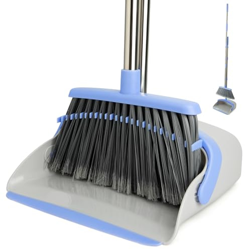 XXFLOWER Long Handle Dustpan and Brush Set, Soft Bristles,Gray Blue | Standing Dust Pan Brushes Set,Household Cleaning Supplies,With Comb Teeth,For Indoor Kitchen Lobby Office,For Pet Dog Hair
