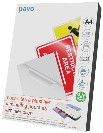 Pavo - Lamineringsfolier A4, 2 x 125 mikron, 100-pack, glans, snabb laminering