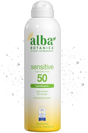 Alba Botanica Sensitive Sunscreen Spray for Face and Body, Fragrance-Free, Broad Spectrum SPF 50, Water Resistant, 5 fl. oz. Bottle