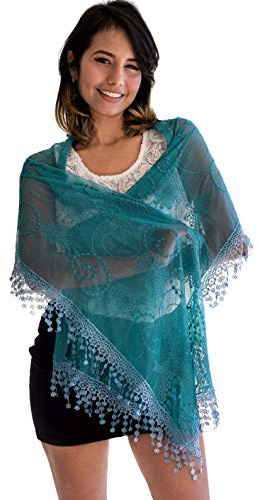 Women's lightweight Feminine Lace teardrop fringe Vintage Mesh Crochet Tassel Scarf for Women