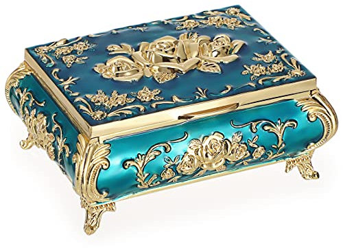 SUMNACON Vintage Metal Small Jewelry Box Trinket Box with Flower Pattern, Retro Trinket Storage Organzier Box Jewelry Holder Box for Rings Earrings Necklace (Small, Light Blue)