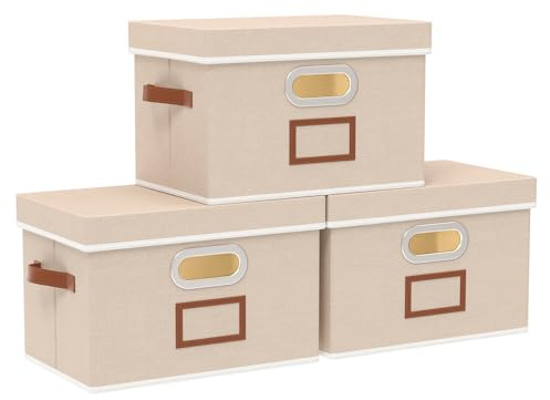 OUTBROS Cajas de Almacenamiento con tapas, Cestas de Almacenaje para estantes, Plegables Contenedores de tela para el hogar y la oficina, 38 x 25 x 25 cm, Beige, paquete de 3