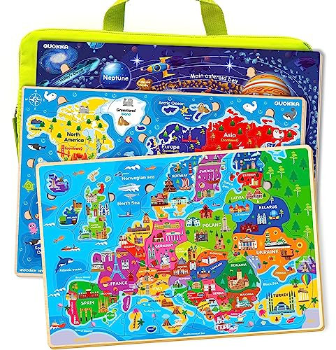 QUOKKA Holzpuzzle ab 3 4 5 Jahre - 3 Set Kinderpuzzle Weltraum Landkarten Europa und Weltkarte - Kinderspielzeug ab 5 6 Jahre - Geschenk für Jungen und Mädchen ab 6 7 8