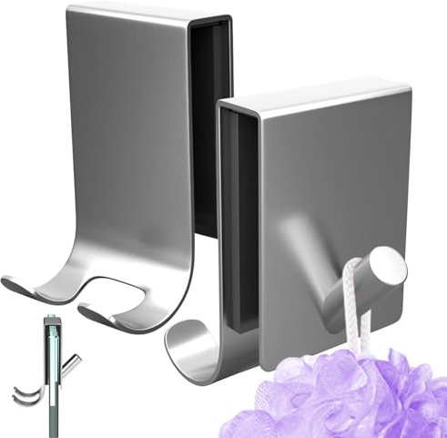 Cimown Crochet de Douche Pour Serviette,Lot de 2 Crochets Combinés Pour Serviettes,Crochets de Suspension Pour Serviettes Sans Perçag,Support de Rasoir (Avec Mousse Antidérapante) (Argent)