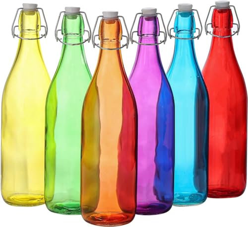 1 Litre Traditional Vintage Style Glass Bottles with Swing Top Lids Set of 6 Multicolour