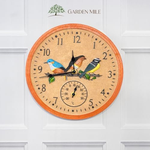 Garden Mile Große Uhren für Haus oder Garten im Vintage-Retro-Chic-Stil für drinnen und draußen, Wanduhr, dekoratives Zaunthermometer, Barometer, wetterfeste Zeitmessung (Vogel-Wanduhr und