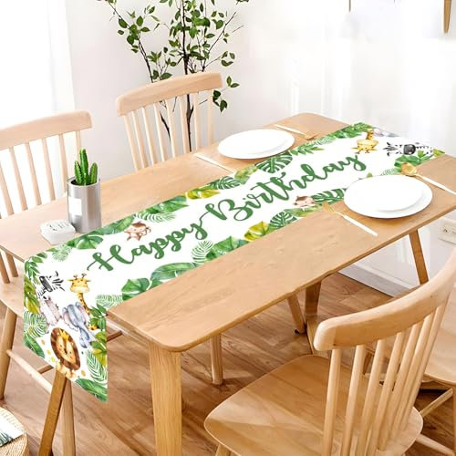 Hierein Tischläufer Herbst, Thema Dschungeltiere Waschbar Geburtstagstischdecke Alles Gute Zum Geburtstag Tischläufer Outdoor TischDeko für Mädchen Jungen Geburtstag Party Dekoration, 180 x 35cm