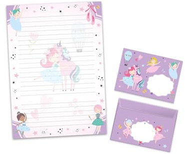 Brevpappersset brevblock med kuvert för flickor barn ballerina enhörning lila (lock A4 med 25 ark + 15 kuvert)