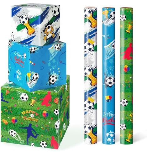 WERNNSAI Papel de regalo de fútbol – 3 rollos 43 cm x 3 m papel de regalo de fútbol para hombres y niños diseño de fútbol verde, blanco y azul, papel de manualidades para envolver regalos de