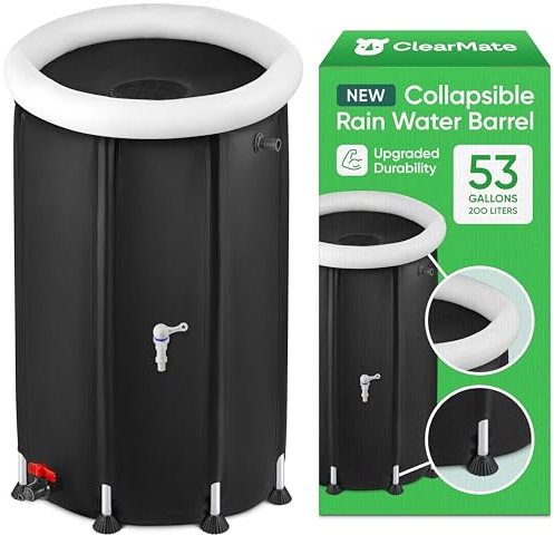 CLEARMATE Collapsible Rain Barrel | 53 Gal Rainwater Collection System with Sturdy Metal Legs & Reinforced Air Frame | Portable & Durable Rain Catcher for Gutter Water Storage