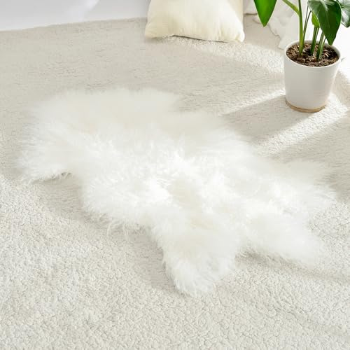 CloudDwelling 100% Genuine Sheepskin Area Rug Real Lightweight Fluffy Soft Mongolian Long Wool Fur Carpet for Couch Bed Sofa Bedroom Living Room White 2x3ft