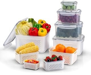 KUMD Paquet de 6 boîtes de conservation pour fruits et légumes avec couvercles hermétiques, passoire amovible, sans BPA, passe au micro-ondes et au lave-vaisselle, garde au frais pour la salade, la