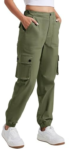 Pantalon Cargo Femme Extensible Pantalons Randonnée Ceinture Réglable Coton Travail Durable Randonnee Survetement avec 6 Poches Vert Armée M