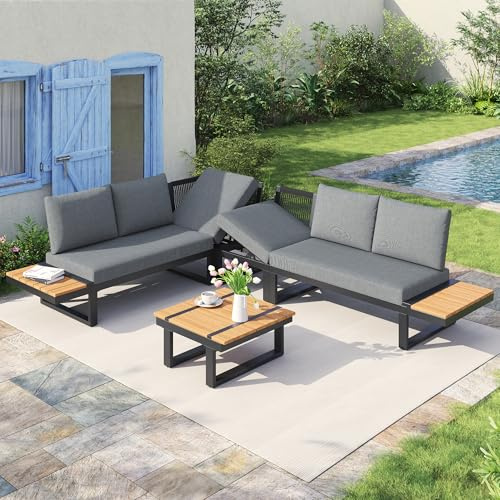 YESGIGA Juego de muebles de jardín convertible con 2 camas relajantes con posición esquinera con función de inclinación ajustable, con mesa de café, con estantes