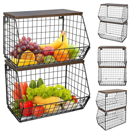 OHMG Lot de 2 Corbeille a Fruit,Panier a Fruit de Mural,Cuisine Basket Avec un Couvercle en bois,Corbeilles à Fruits Pour Rangement Legumes,Fruits et Collations,Noir