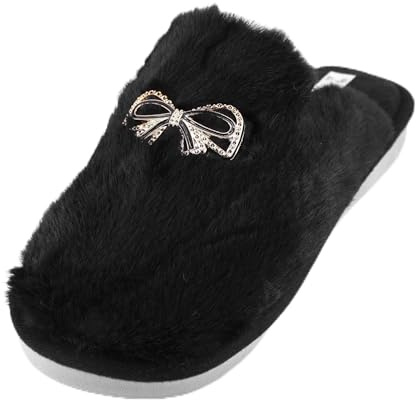 JOMIX Pantofole Donna Invernali Peluche Ciabatte Pelose Calde Decorato con Fiocco Strass Morbide e Comode per Inverno Suola Antiscivolo in PVC Leggero WIS255211 Nero 36/37