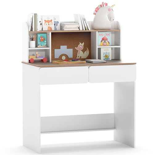 COSTWAY Bureau Enfant Garçon Fille avec Station de Charge & Tableau d'Affichage en Liège, Table Enfant en Bois avec Étagère Réglable & 2 Tiroirs, Charge 50kg pour Tout-Petits de 8-12 Ans