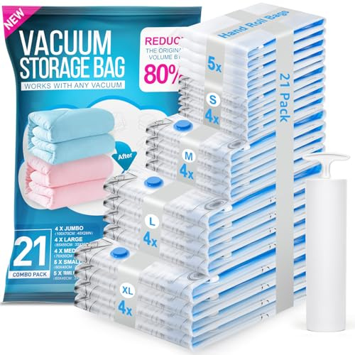 BoxLegend Vakuumbeutel für Kleidung & Bettdecken 21 Stück, 4 XL + 4 L + 4 M + 4 S + 5 Rollen Mit Handpumpe, Platzsparende Aufbewahrungsbeutel für Reisen, Umzug & Kleiderschrank-Organisation