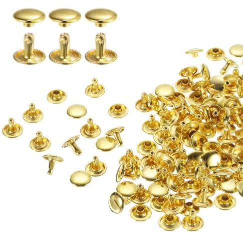 QUARKZMAN 80 uppsättningar 10 x 8 mm lädernitar, dubbla nitar hålnitar kolstål runt huvud snaps rörformade metallstift för bälte dekoration kläder gör-det-själv hantverk (guld)