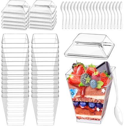 Froasia 40 dessertkoppar, med skedar och lock, plastkoppar för dessert på 160 ml, transparenta dessertkoppar, återanvändbara och fyrkantiga för hemmet, desserter, mousse, glass
