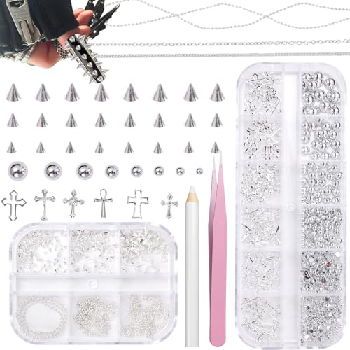 TESGADGETS Breloques à ongles en forme de croix, breloques punk, rivets métalliques, perles plates, strass, perles pour bricolage de nail art, argent