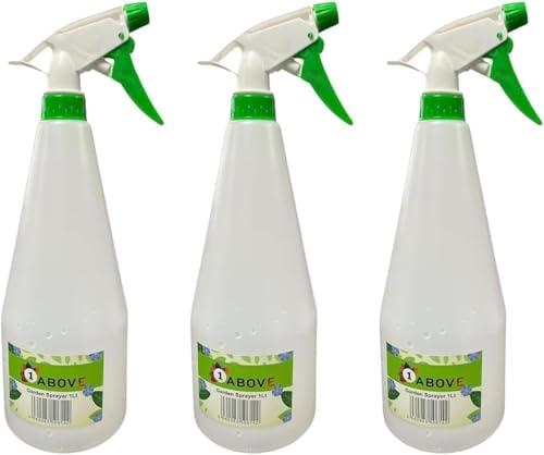 1ABOVE Pack of 3 Spray Bottles 1000ml – Refillable Plastic Water Spray Bottles with Adjustable Nozzle | Mist & Stream Sprayer for Cleaning, Gardening, Plants & Hair