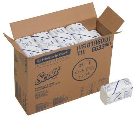 Scott Multifold Papierhandtücher 6633, 1-lagige weiße Handtuchpapiere, nachhaltige Papierhandtücher für hygienisches Händetrocknen, 25 Packungen x 175 (insg. 4.375 Blätter)