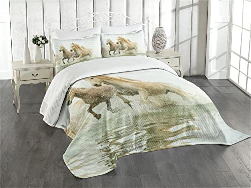 ABAKUHAUS Pferde Tagesdecke Set, Camargue Pferde in Wasser, Set mit Kissenbezug Kein verblassen, für Einzelbetten 170 x 220 cm, Weiß Beige