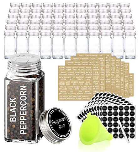 SWOMMOLY 42 Glass Spice Jars with 703 Spice Labels, Chalk Marker and Funnel Complete Set. 42 Square Glass Jars 4oz, Airtight Cap, Pour/sift Shaker Lid