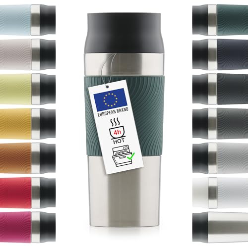 Blumtal Thermobecher 350 ml - Kaffeebecher to go aus Edelstahl - auslaufsicherer Isolierbecher kalt/heiß - Mug mit 360° Trinköffnung - Thermosbecher + Quick-Press-Verschluss - Coffee Mug - Dunkelgrün