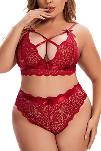 Aranmei Plus Size Lingerie for Women Lace Bra and Panties Set Sexy Bralette Set, 30-32, Wine Red, 4XL