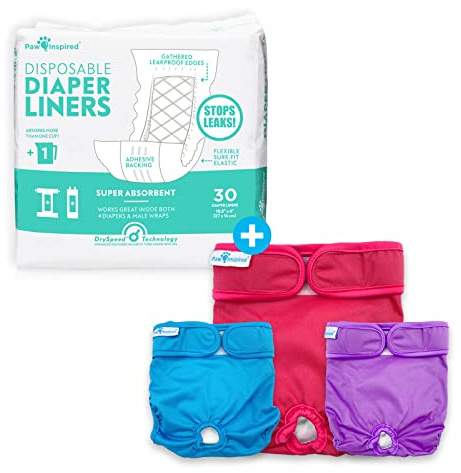Paw Inspired Reusable, Washable Female Dog Diapers (Small, 3 Count) with Disposable Diaper Liner Inserts (30 Count)
