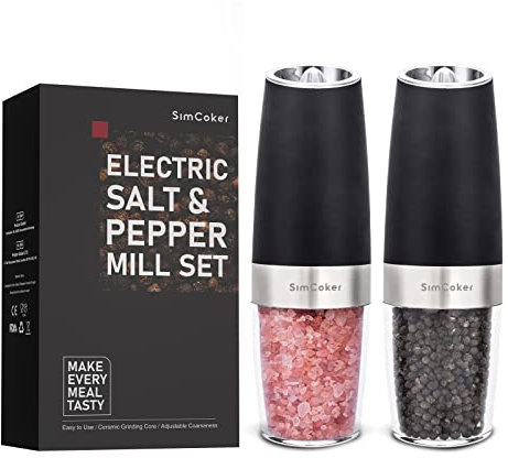 SimCoker Electric Pepper and Salt Grinder Set,Battery Powered Adjustable Coarseness,Gravity Pepper Mill,Automatic Grinding for BBQ Resturant Kitchen,Black