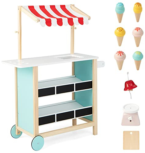 COSTWAY Kids Ice Cream Cart, Wooden Grocery Store Playset with 6 Pieces Play Food, Bell, Chalkboard and Scale, Role Play Dessert Shop Trolley for Ages 3+ (Red Canopy)
