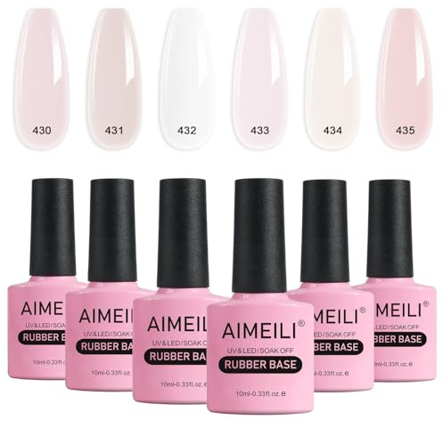 AIMEILI 5-i-1 gummibas gel set för naglar, genomskinlig rosa nude färg gel UV LED blötläggning, långvarig 6 st x 10 ml