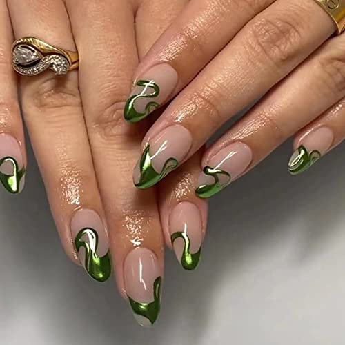 24 Stück Press on Nails Mandel Kurz, Grüne Wellenlinien French Künstliche Nägel, Oval Kunstnägel Nägel Zum Aufkleben mit Nagelkleber Aufkleber, Acryl Fingernägel Fake Nails für Frauen