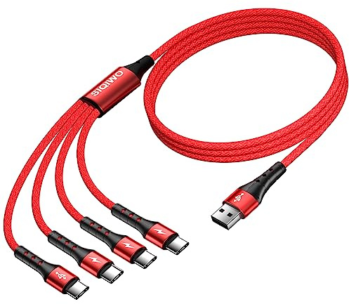 SIQIWO USB Typ C Kabel 4 in 1, QC 3.0 Mehrfach Schnellladekabel 1.2M Rot
