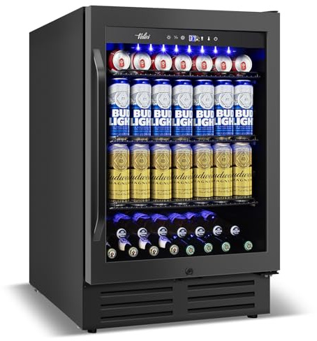 Velivi 24 Inch Beverage Refrigerator Under Counter, 24 Space Built-In Beer and Drink Fridge with Glass Door for Soda, Water, and Milk - For Kitchen, Bar or Office