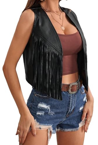 WDIRARA Women's PU Fringe Sleeveless Vest Tassel Faux Leather Open Front 70S Hippie Jacket Cardigan Black M