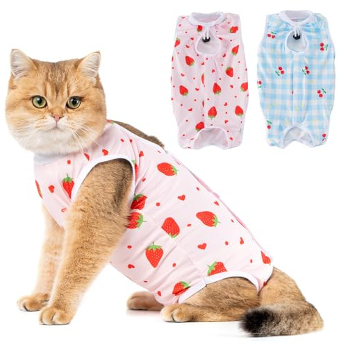 Avont Lot 2 Body Chat Post Opératoire Stérilisation Amélioré, Combinaison de Récupération pour Chat Anti Léchage, Cat Recovery Suit Protection Post-Chirurgie -Cerise/Fraise(S)