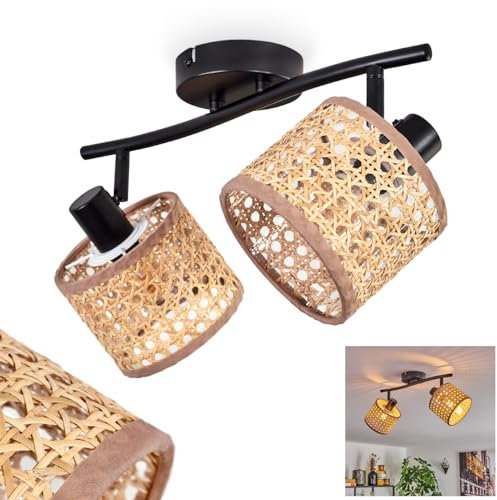HOFSTEIN Deckenleuchte Barcos, moderne Deckenlampe aus Metall/Rattan/Wiener Geflecht in Schwarz/Natur, 2-flammig, mit verstellbaren Strahlern, Leuchte im Boho-Design, 2 x E14, ohne Leuchtmittel