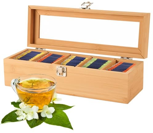 Yallmie 5 Compartiments Boite à Thé Bois, 30x10x6.5cm Boite The Bois avec Couvercle Fenêtre Transparente, Boite de Rangement The Tisane pour Vos Condiments, Sachets de Épices, Café en Dosettes (B)