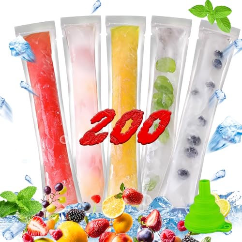 200 Stück Popsicle Taschen, Taschen Popsicle Formen Beutel, wassereistüte mit Trichter, Eis Pop Beutel, Eisformen für Wassereis, BPA-frei, DIY Eis am Stiel für Joghurt, Saft & Smoothies (28 x 5,5 cm)
