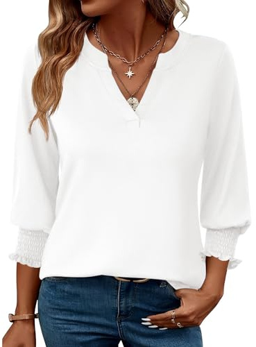 Rapbin Damen Mode Elegant Bluse 3/4 Ärmel langerm Tunika Sommer Top V-Ausschnitt Tunika Lässig Locker Oberteil 2025 (XXL, Weiß)