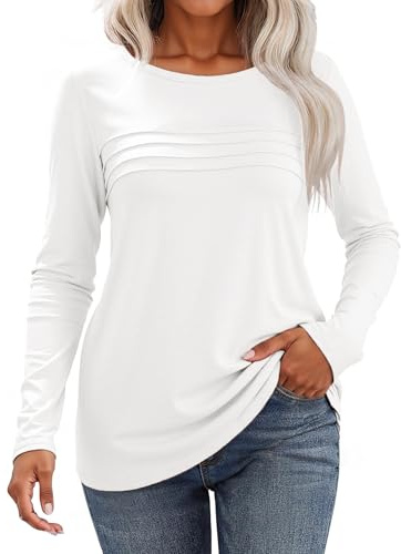 Gyabnw Long Sleeve T Shirts for Women Casual Pleated Tunic Blouses Lightweight Loose Fit Tops for Everyday Wear White