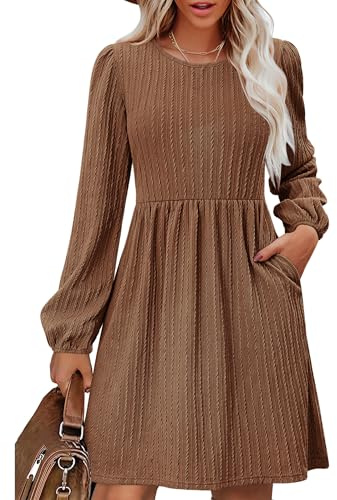 Zeagoo Robe pour femme à manches longues - Robe d'automne élégante - Ligne A - Robe d'hiver - Col rond - Robe en tricot ample - Longueur genou - Robe tunique avec poches, marron, M