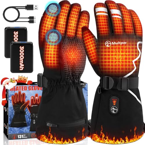 Multper Guanti Riscaldati per Uomini Donne, 7.4 V 3000 mAh × 2, 3 Temperatura Regolabile, Guanti Bici Uomo con Touchscreen Impermeabile Antivento, per Sport Invernali, Sci e Motociclismo - XL
